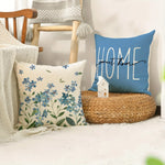 housse coussin polyester motif fleurs bleues texte chambre salon décoration moderne bleu blanc