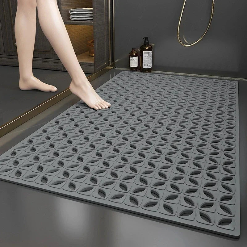 tapis bain douche PVC géométrique texturé moderne ventouses gris bleu minimaliste