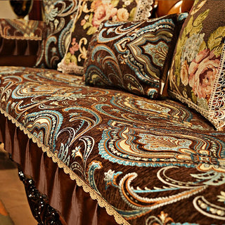 housse canapé motif floral vert foncé marron beige bleu rose velours baroque vintage coussins