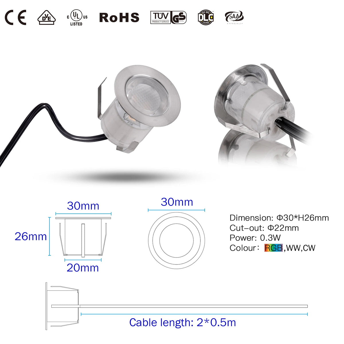 lampe led escalier acier inoxydable ip67 argent blanc moderne clips câble adaptateur