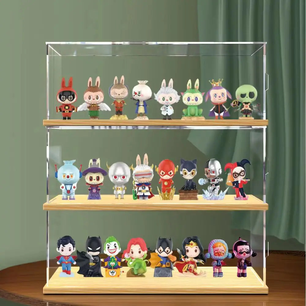 boîtes rangement transparentes figurines bois organisation jouets modernes variées capes détails expressifs
