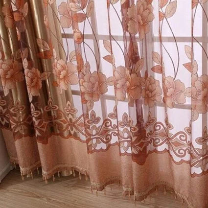 rideaux polonais floral translucides rose violet marron brodés chanvre romantiques salon chambre