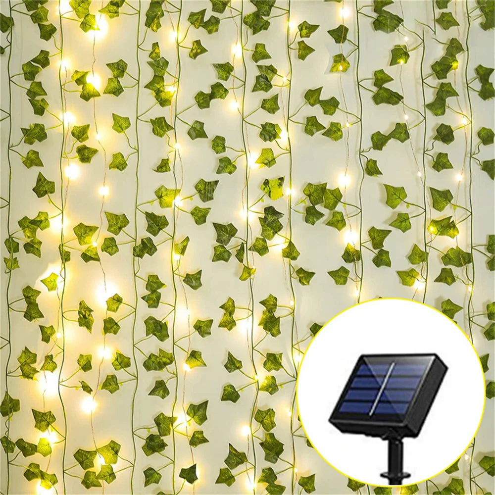 guirlande lumineuse solaire feuilles vertes lumières blanches clips modernes 100 leds 10mètres jardin