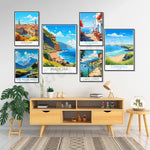 Une collection d'affiches vintage représentant divers paysages et lieux emblématiques, créant une décoration murale chaleureuse et inspirante.