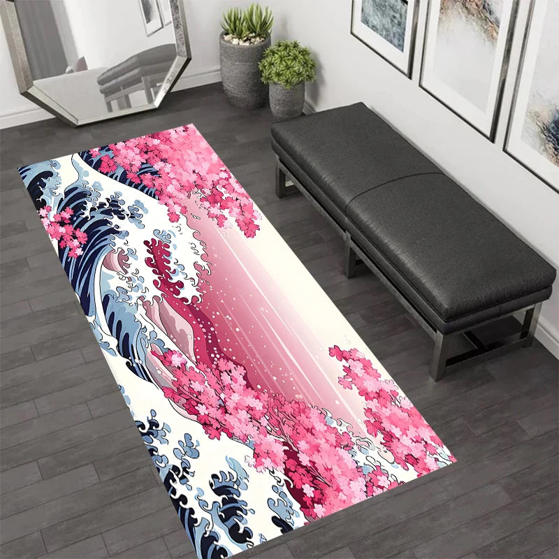tapis moderne rose blanc bleu fleurs cerisier ondes art japonais salon chambreextérieur