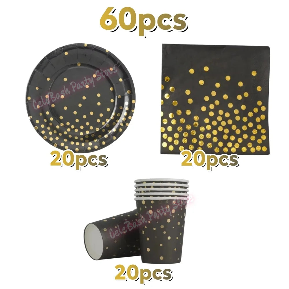assiettes pois dorés noires gobelets serviettes tablecloth fête anniversaire mariage nouveauannée
