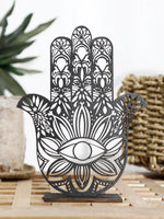 décoration maison main hamsa œil mal sculpture bois ornements floraux artisanal support plat