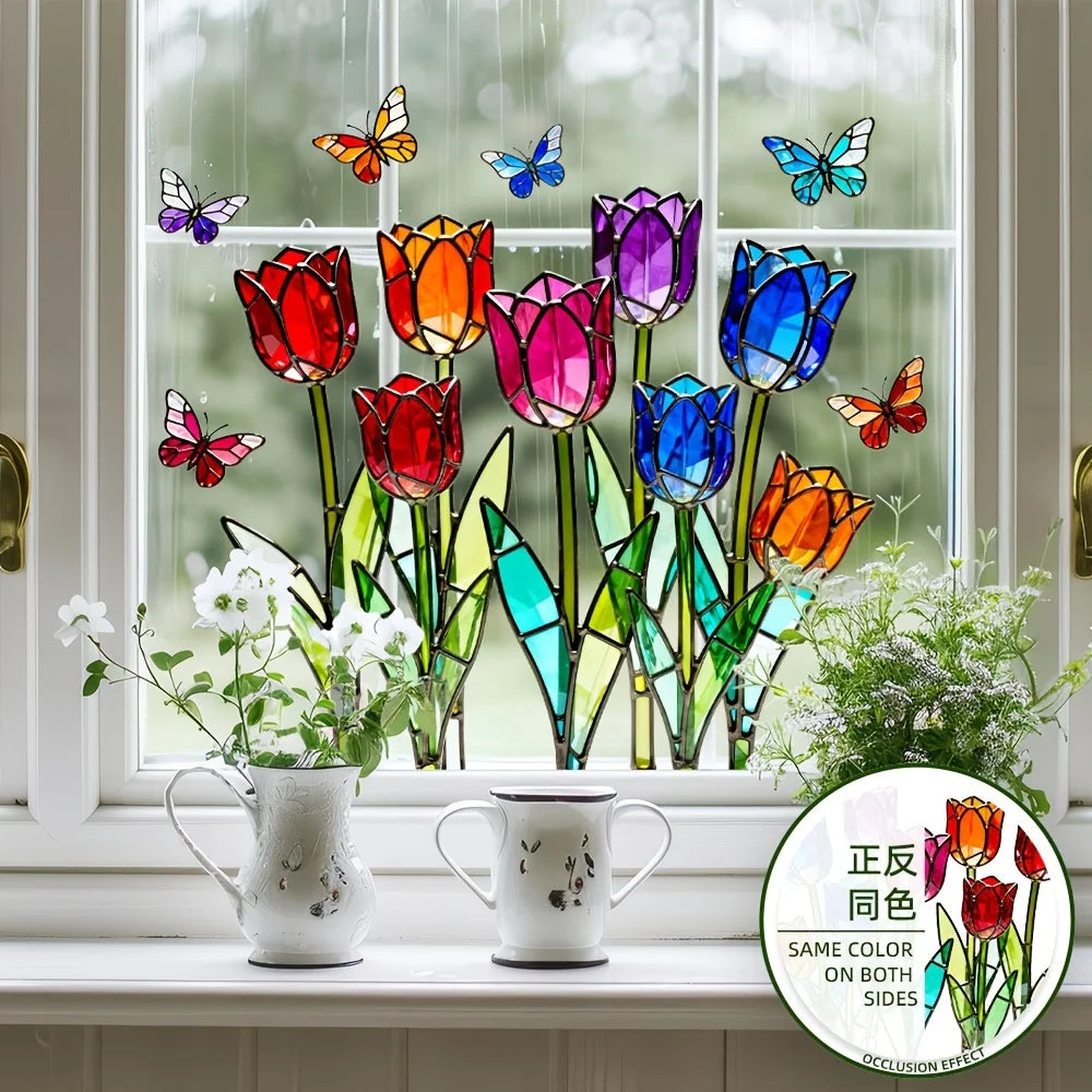 décoration fenêtre stickers fleurs tulipes papillons artisanat mosaïque couleurs vives pvc adhésif sans trace