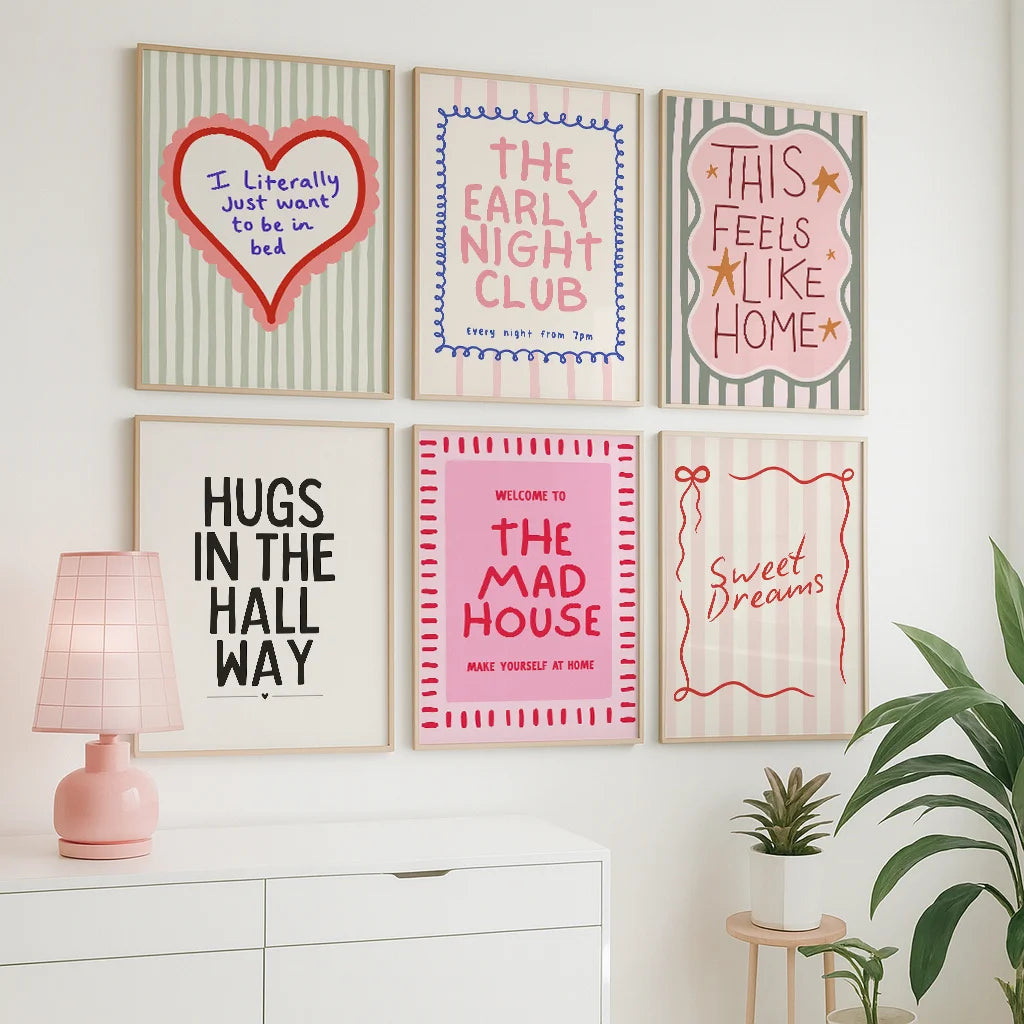 affiches modernes rayures vertes roses textes inspirants cadres bois minimalistes