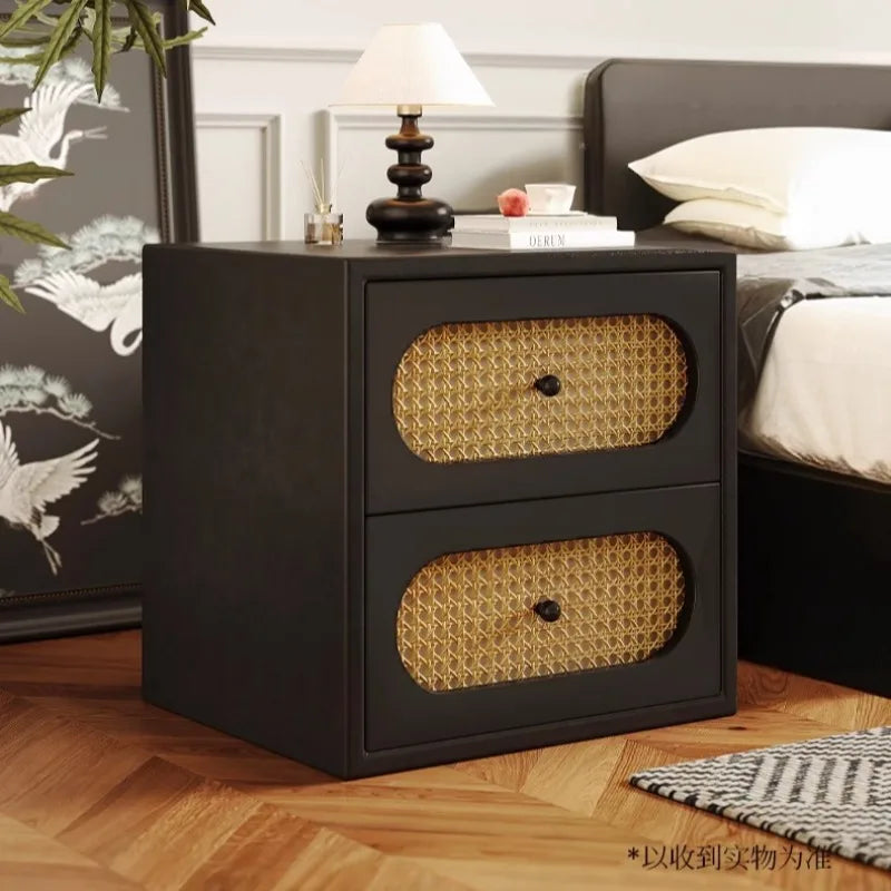 commode moderne noire tissu beige motif géométrique deux tiroirs rangement chambre bois massif