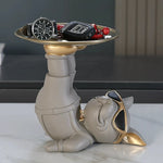 décoration moderne sculpture chien lunettes plateau ornement résine noir beige crème humoristique