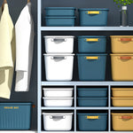 boîtes rangement plastique bleu blanc jaune rayures poignées couvercle moderne respectueux environnement
