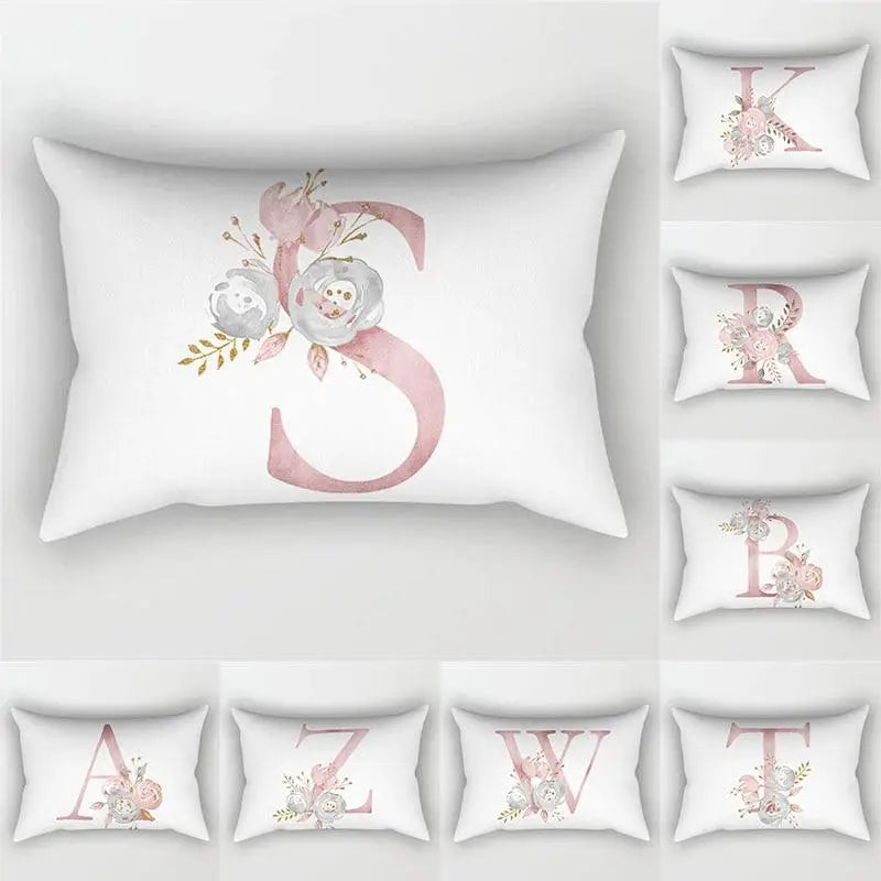 coussin décoratif blanc fleurs roses lettres stylisées moderne canapé lit maison polyester 30x50cm