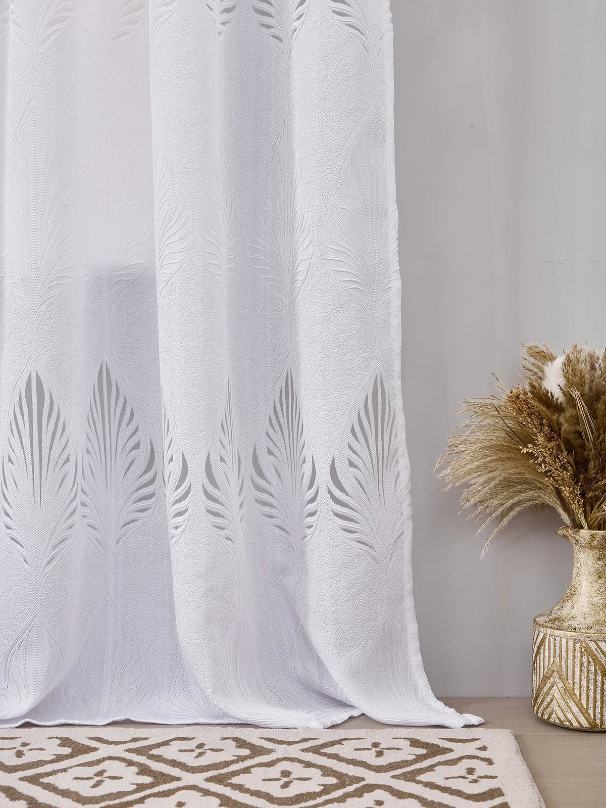rideau blanc feuilles stylisées polyester moderne élégant salon chambre translucent ondulé eyelets