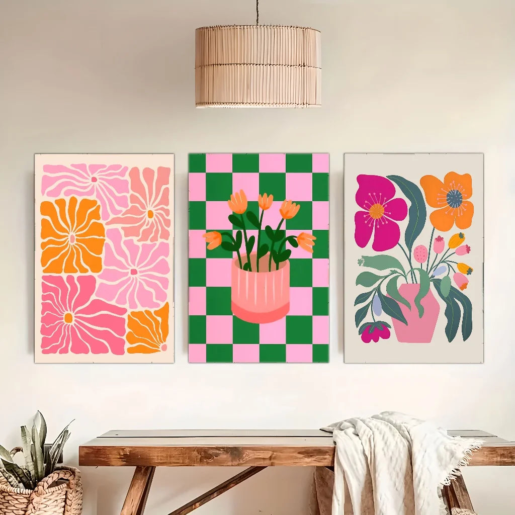 tableau toile art fleurs abstraites moderne cadre bois décoration salon chambre rose orange vert