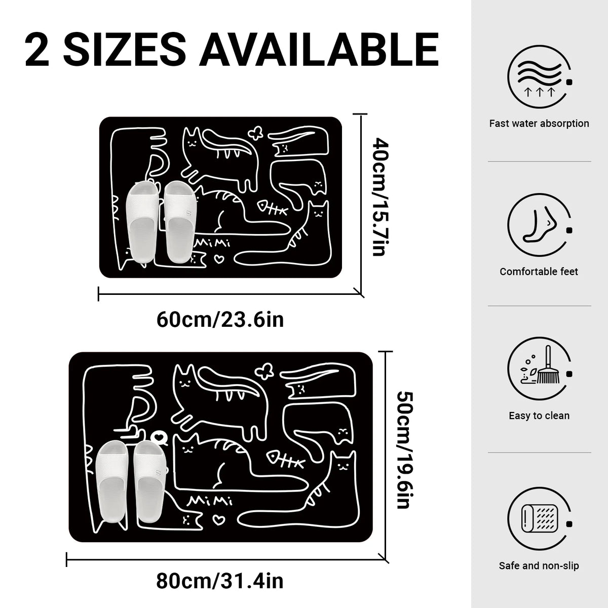 tapis sol caoutchouc antidérapant salle bain noir blanc dessins chats mimi cœur moderne