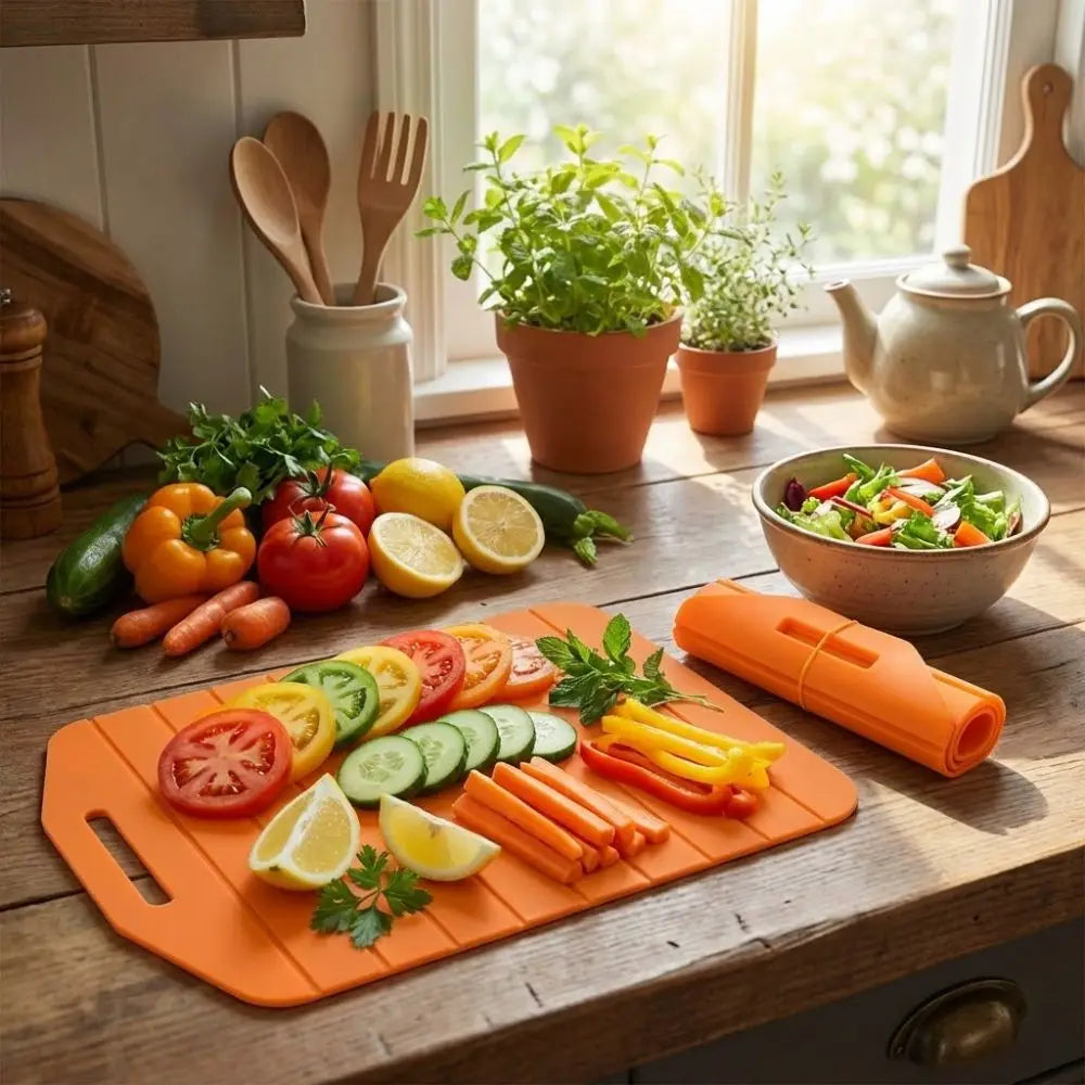 planches découper pliables silicone texturées rainurées moderne orange bleu gris noir élastique antidérapante cuisine