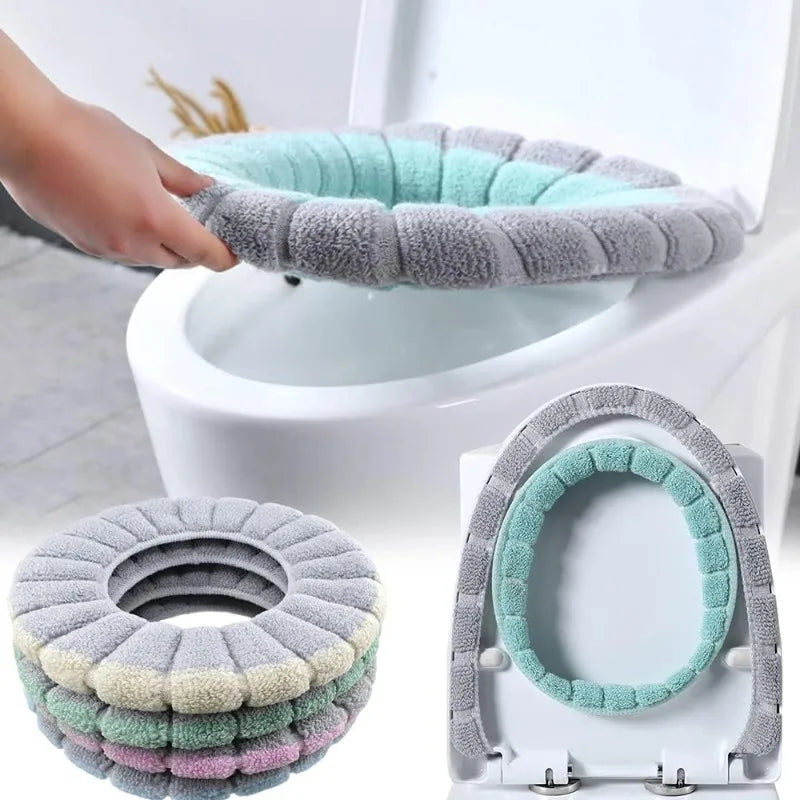 couvre siege toilette gris rose vert rayures horizontales doux confortable adhésif peluche coton