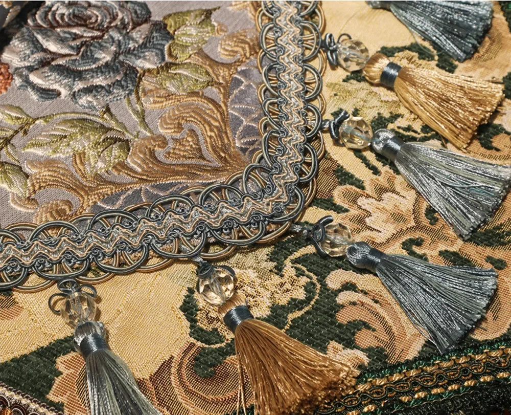 table cuisine chemin table brodé franges floral élégant vert beige bleu or gris haute