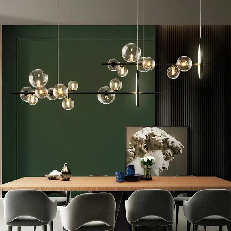 suspension lumineuse moderne noir boules transparentes scandinave chaînes suspendues interrupteur poussoir lumière salon cuisine