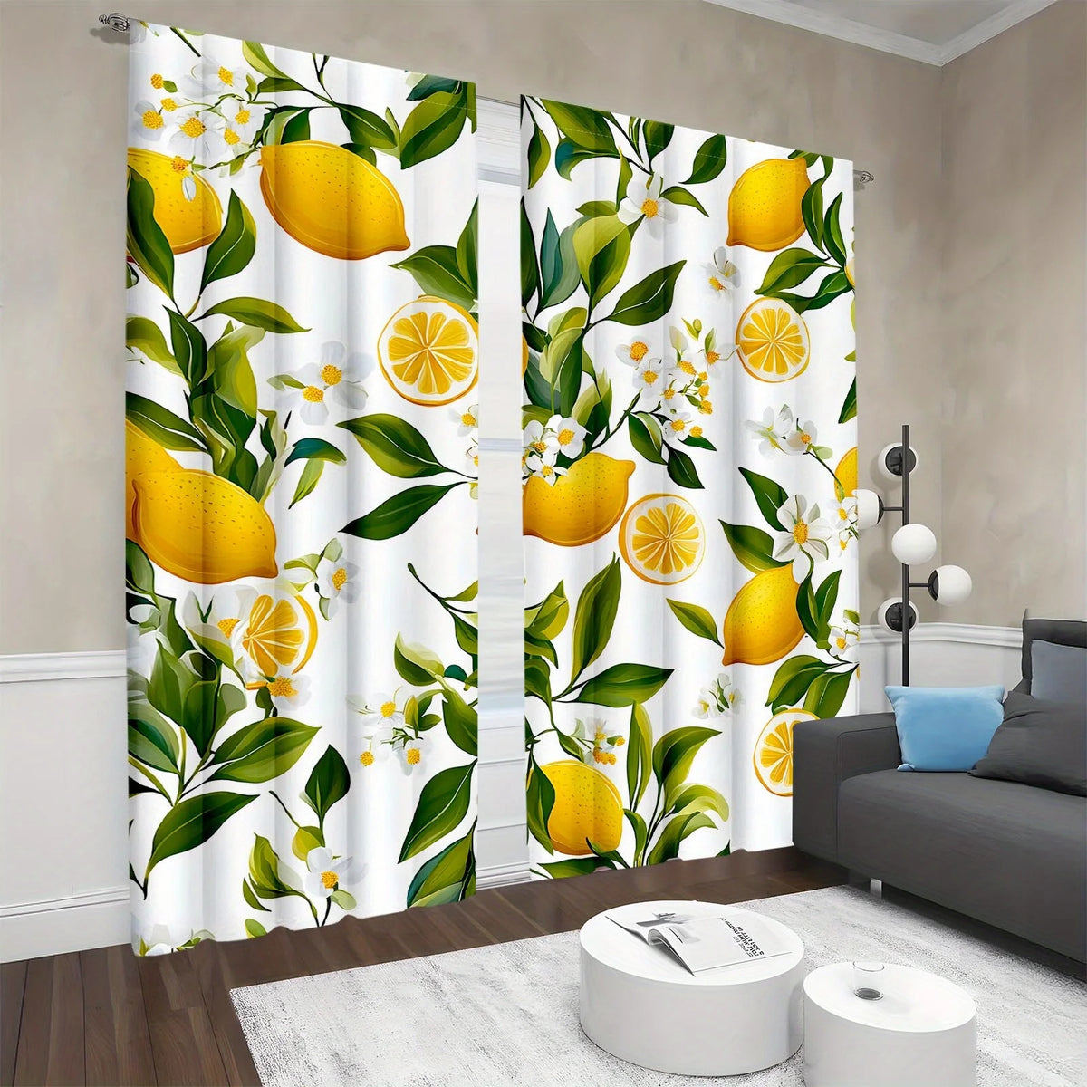 rideau imprimé citrons feuilles vertes blanc moderne opac 100 polyester salon cuisine