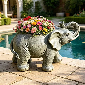 pot fleurs forme éléphant gris texture éléphant plantes fleurs vert rose rouge jaune blanc