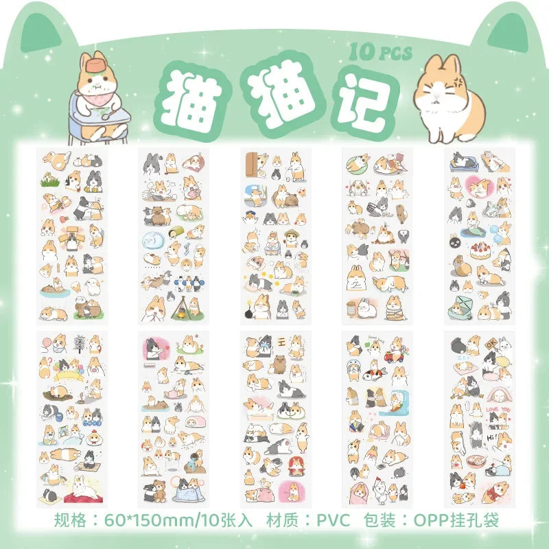 sticker kawaii adhésif dessins animés chats floraux textes scrapbooking transparent rose vert bleu blanc