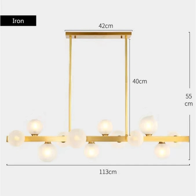 suspension lumineuse moderne or blanc boules translucides chaines interrupteur tactile