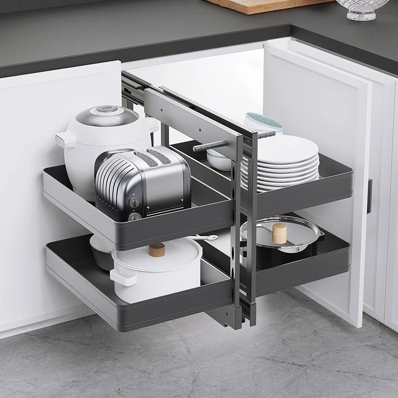 rangement cuisine tiroir coulissant double plateau pivotant gris blanc moderne métal rails hydrauliques pots