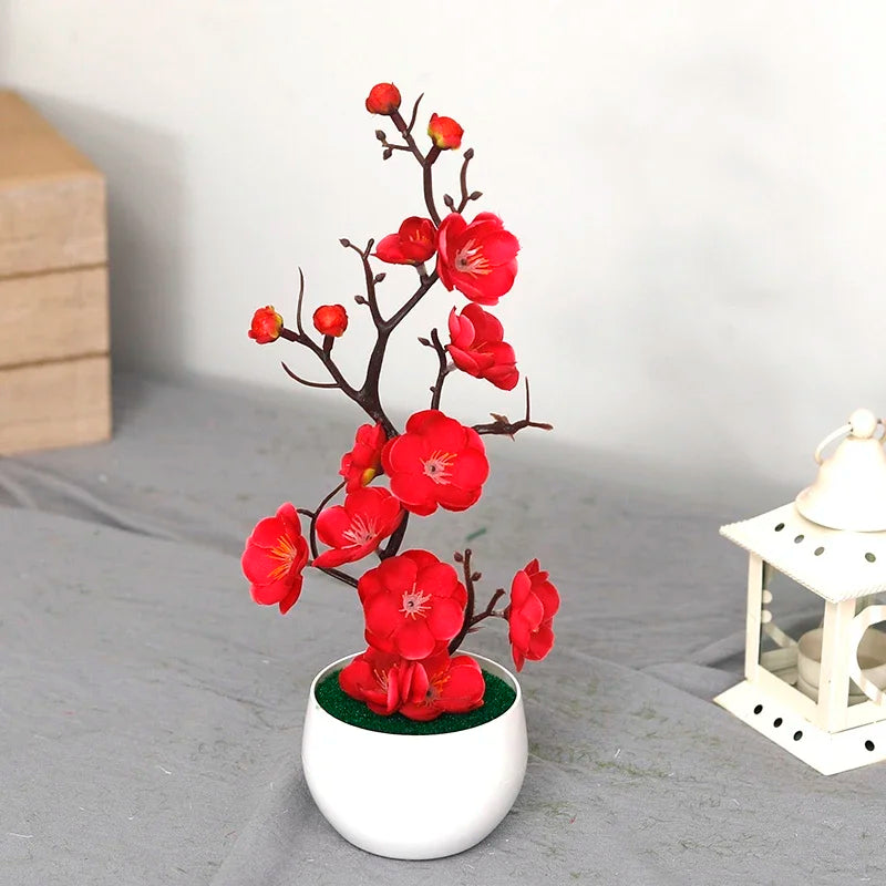 plantes artificielles branche fleurs rouge rose blanc simple feuilles pot blanc