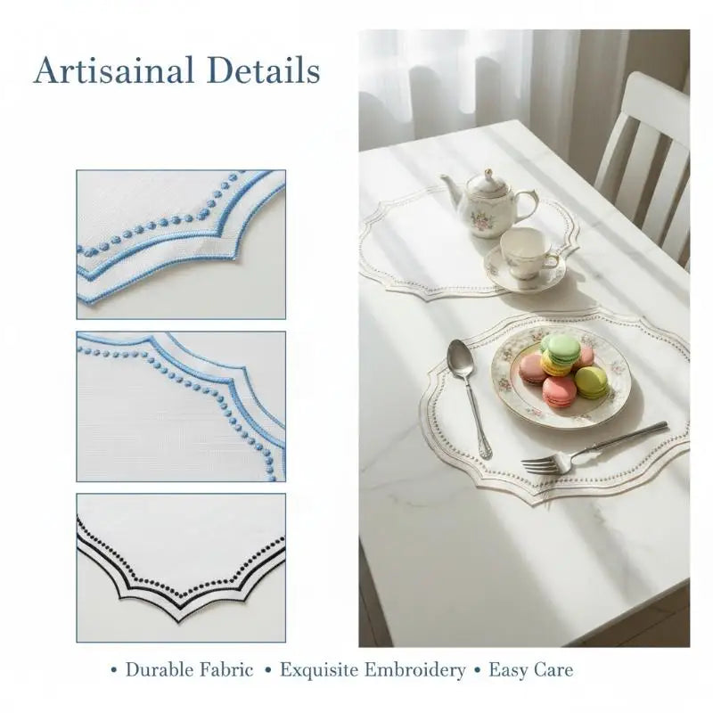 sets table brodés nappe décorative motif géométrique couleur marron bleu blanc rustic chic