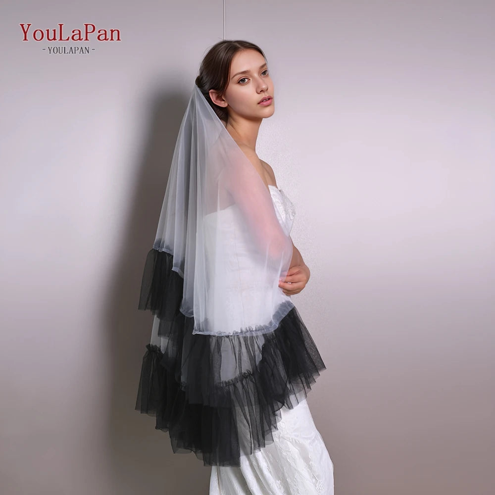 voile mariée double couche franges tulle blanc noir classique élégant mariage photo prom banquet