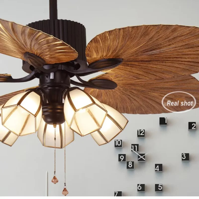 ventilateur 52 pouces moderne rustique feuilles palmier bois ampoules led télécommande lumières