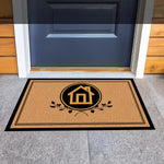tapis d'entrée marron clair motif maison branches bordure noire imperméable antidérapant extérieur intérieur