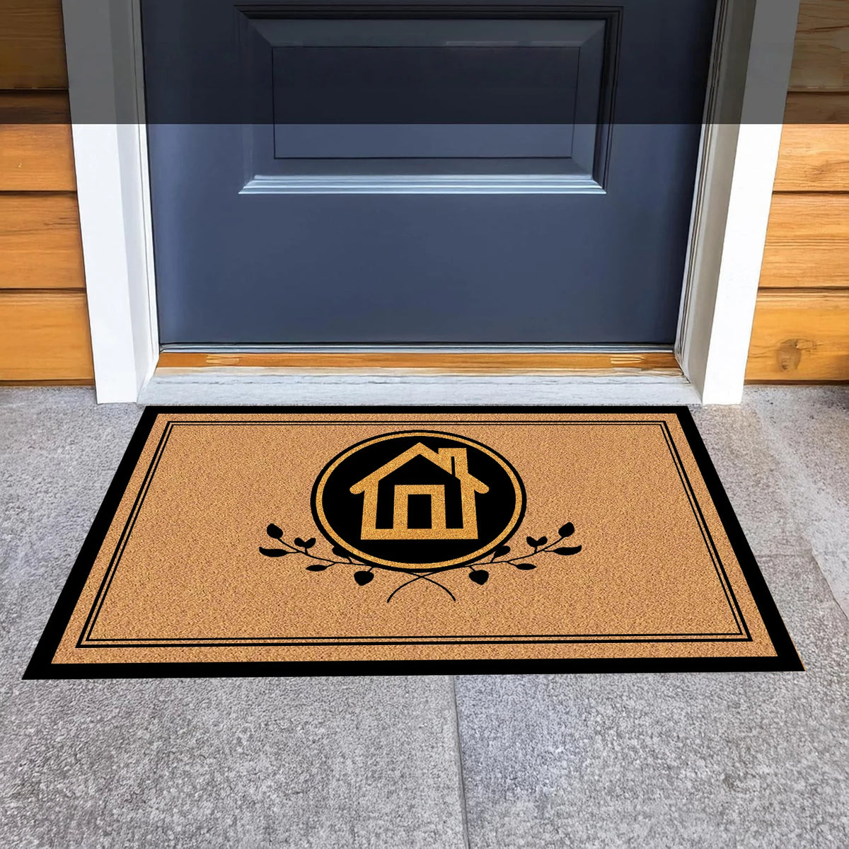tapis d'entrée marron clair motif maison branches bordure noire imperméable antidérapant extérieur intérieur