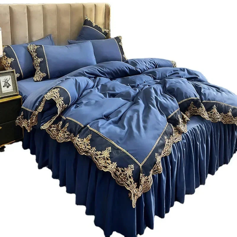 ensemble literie complet couvre lit bleu marine broderie dorée drap taies oreiller classique