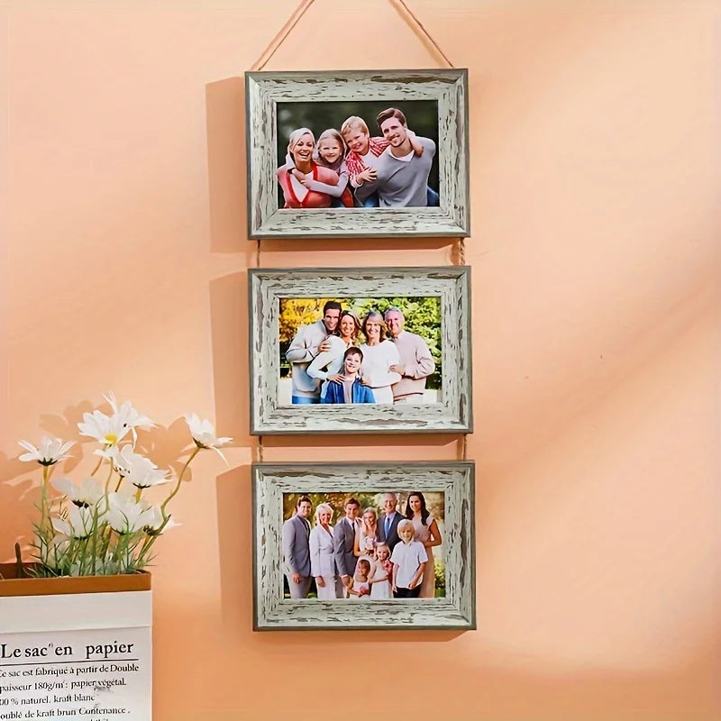 cadres photo suspendus ensemble decoratif rustique familial beige clair blanc texturé