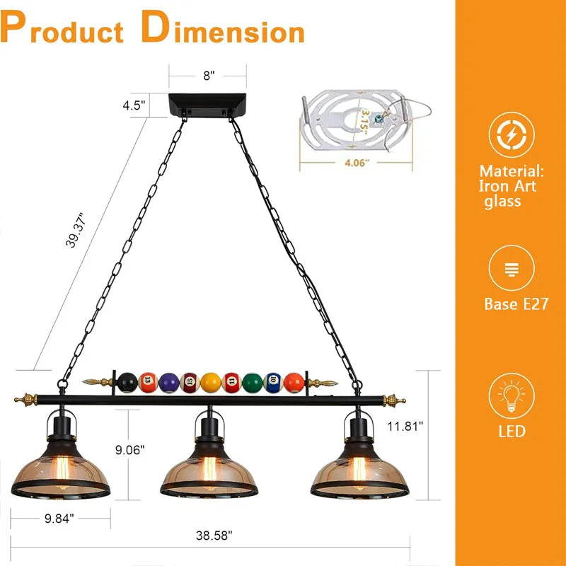 suspension lumineuse industrielle verre ambre ampoules led noir doré vintage boules billard