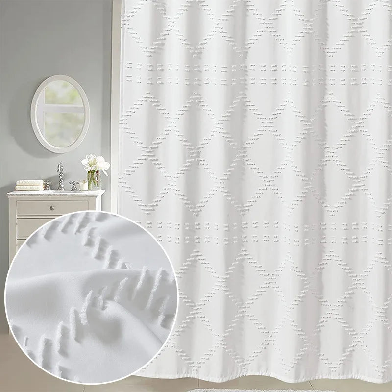 rideau douche polyester géométrique moderne blanc diamants superposés opaquant respectueux environnement