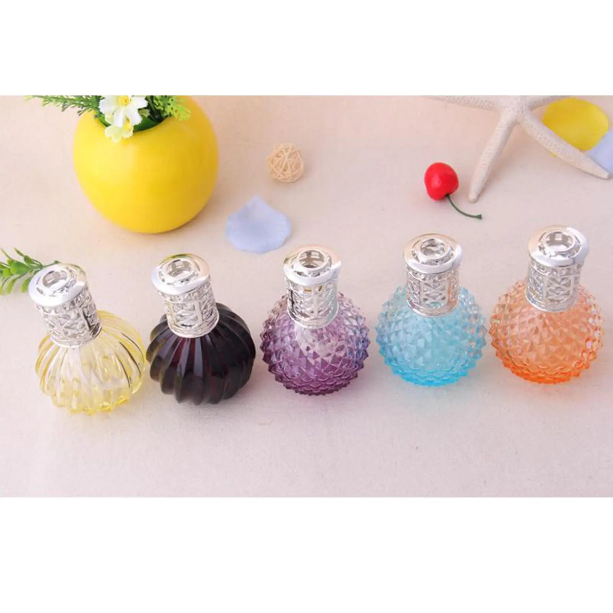 diffuseur parfum verre texturé couleurs vives bulles décoratives cordon suspension moderne boucle métallique minimaliste