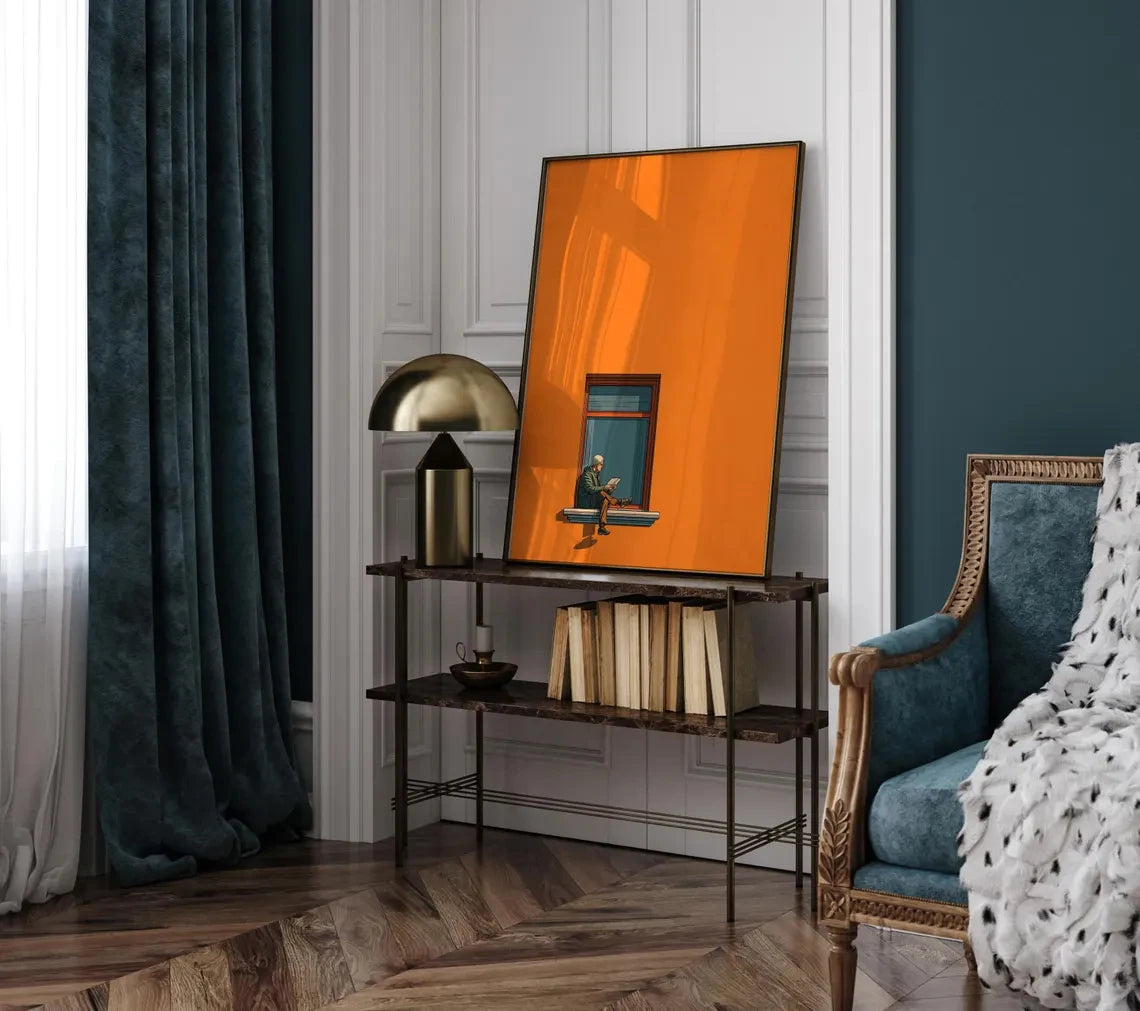 impression toile homme fenetre moderne minimaliste orange marron noir texture coton chambre décoration