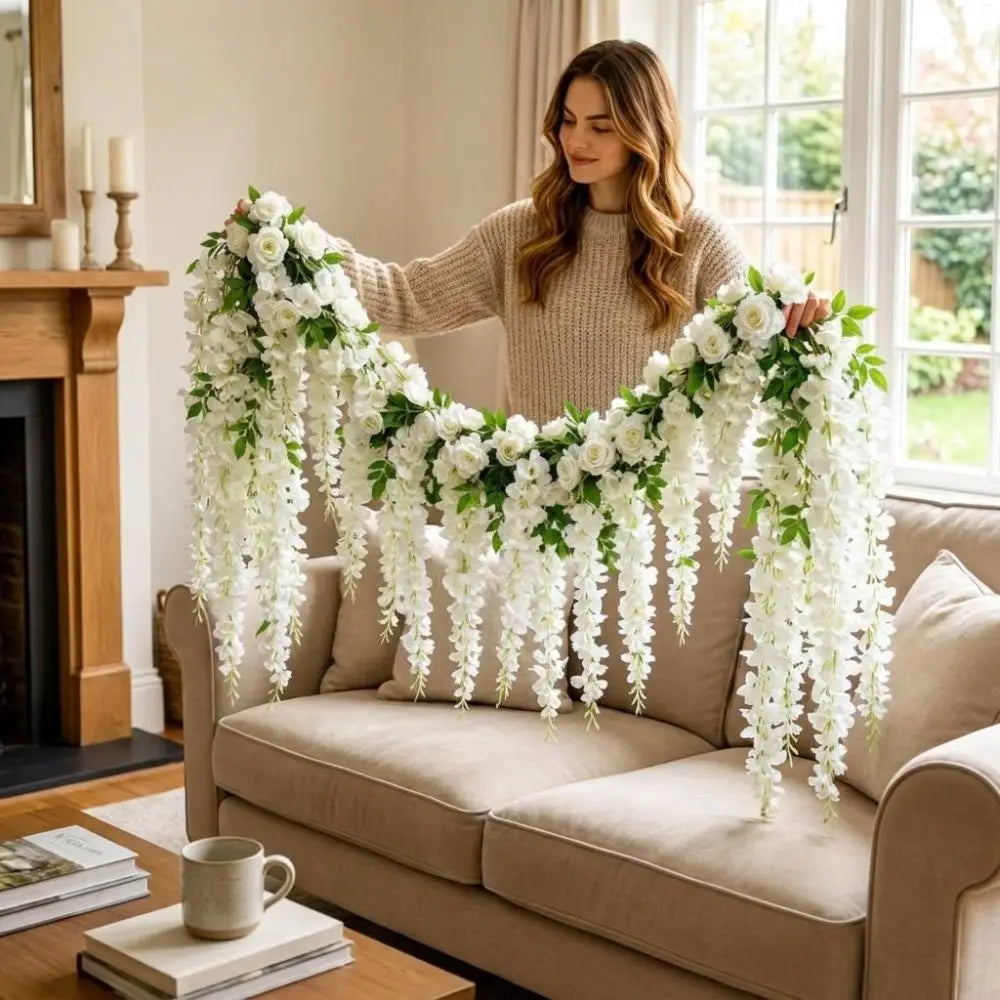 guirlande florale artificielle rose blanc vert décoration extérieure fleurs feuilles décorative romantique fixations incluses