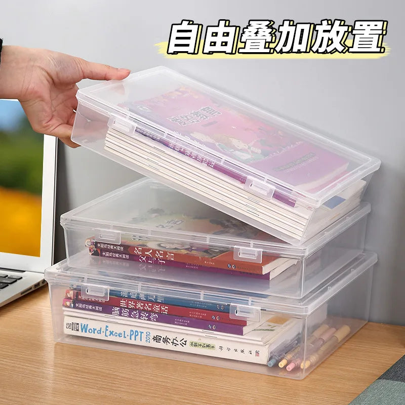 boîtes rangement transparentes modernes clips ruban adhésif marqueurs carnet notes calculatrice pochette documents étiquettes