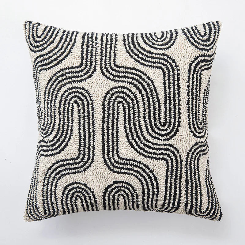 coussin brodé géométrique moderne beige noir amovible lavable