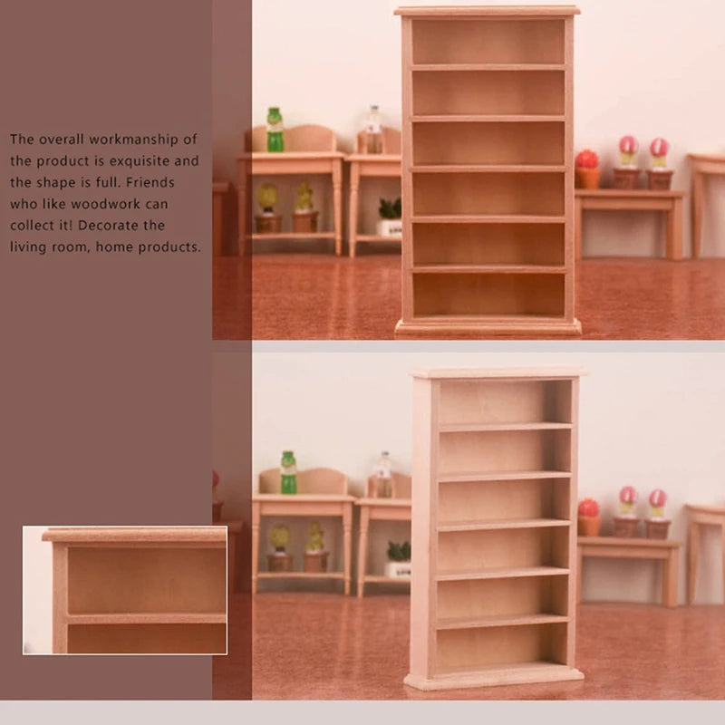 meuble miniature bibliothèque étagères bois clair maison poupée décoration enfant jouet rustic arrangement chambre