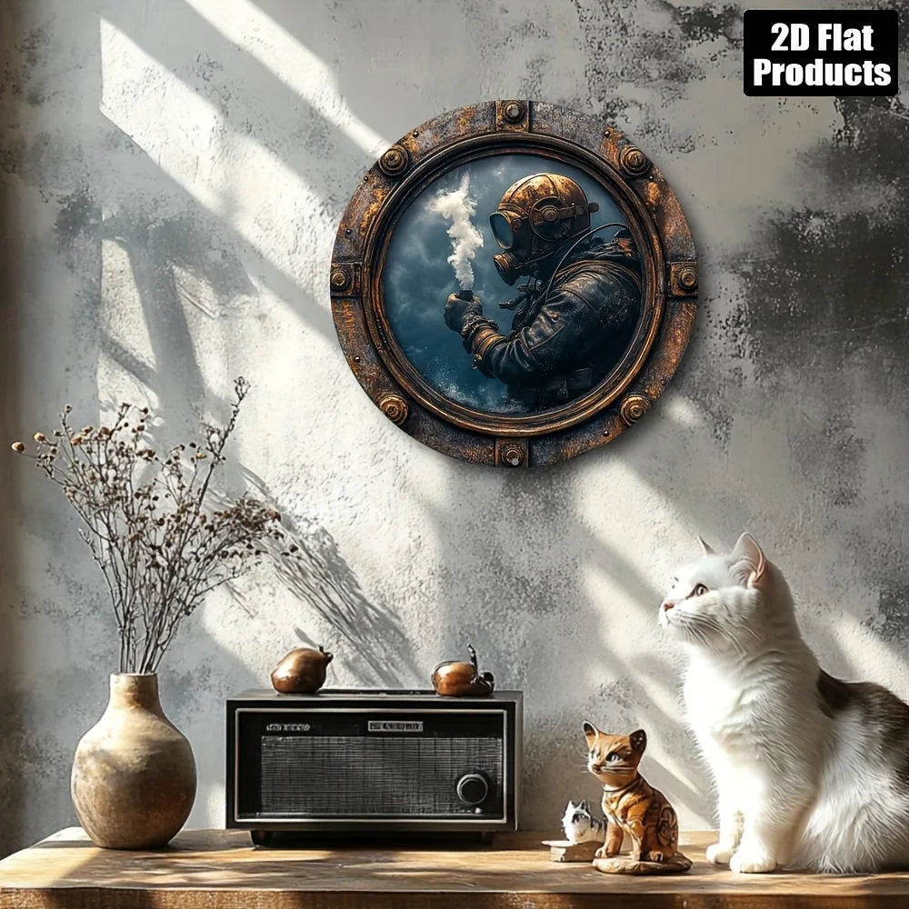 tableau mural métallique vintage steampunk plongeur marron noir bleu blanc texturé opaque réaliste