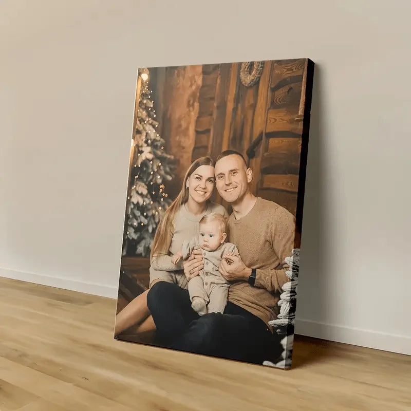 toile personnalisée moderne minimaliste blanc beige gris cadres bois photo famille couple