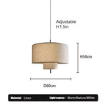 lampe suspendue moderne abat jour tissu texture lin trois tailles différentes lumière chaude blanc