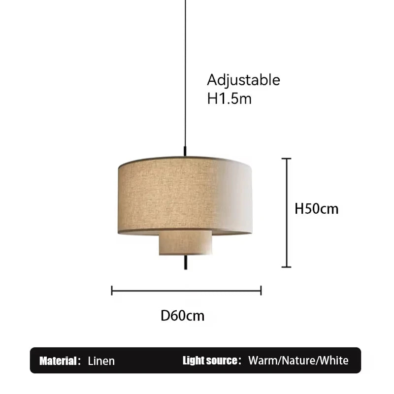 lampe suspendue moderne abat jour tissu texture lin trois tailles différentes lumière chaude blanc