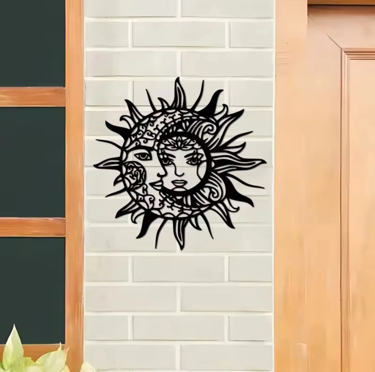 décoration murale soleil lune motifs floraux visage humain noir artisanal 30cm 30cm